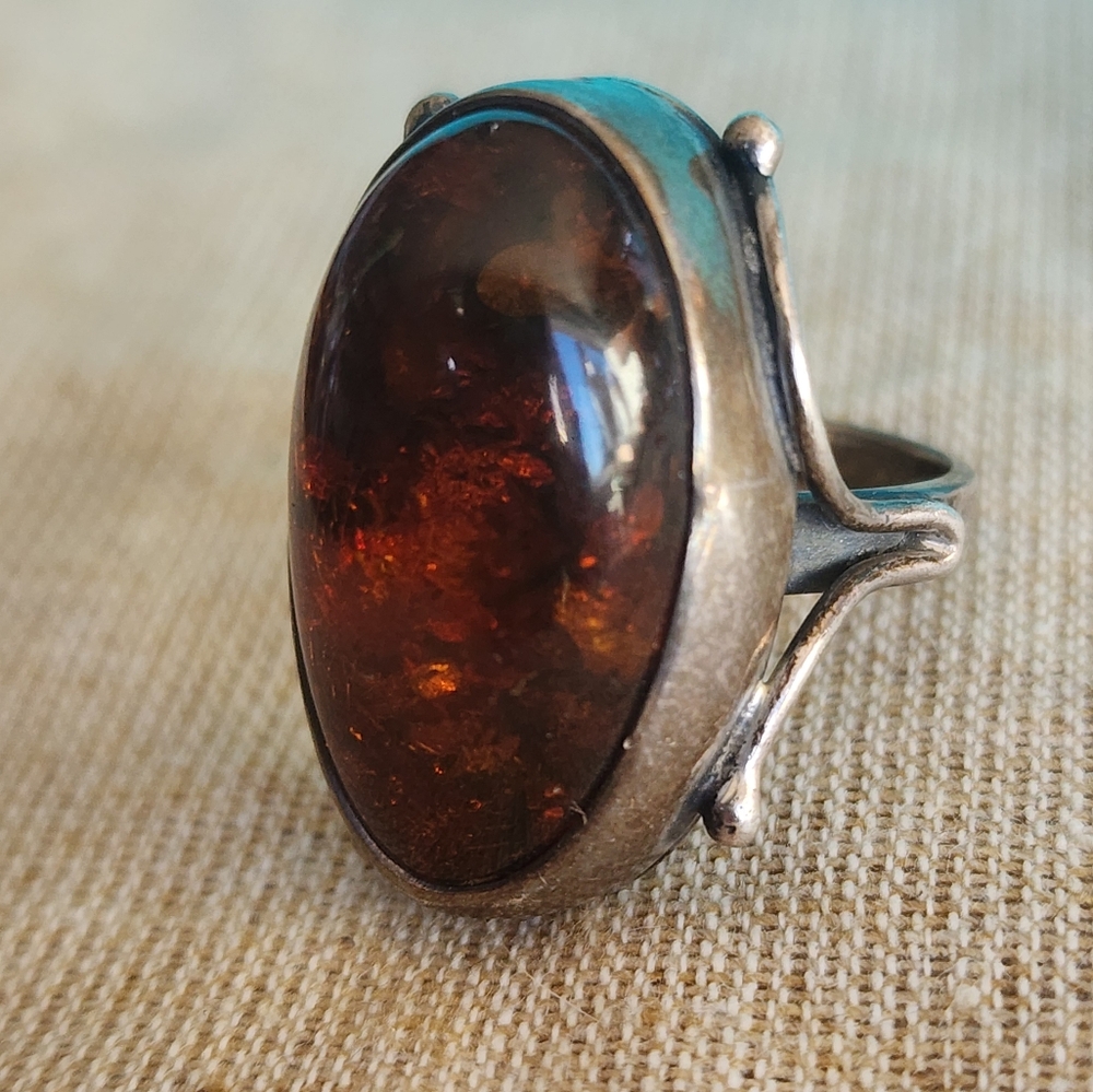 Amber RING Size 8 Sterling Silver